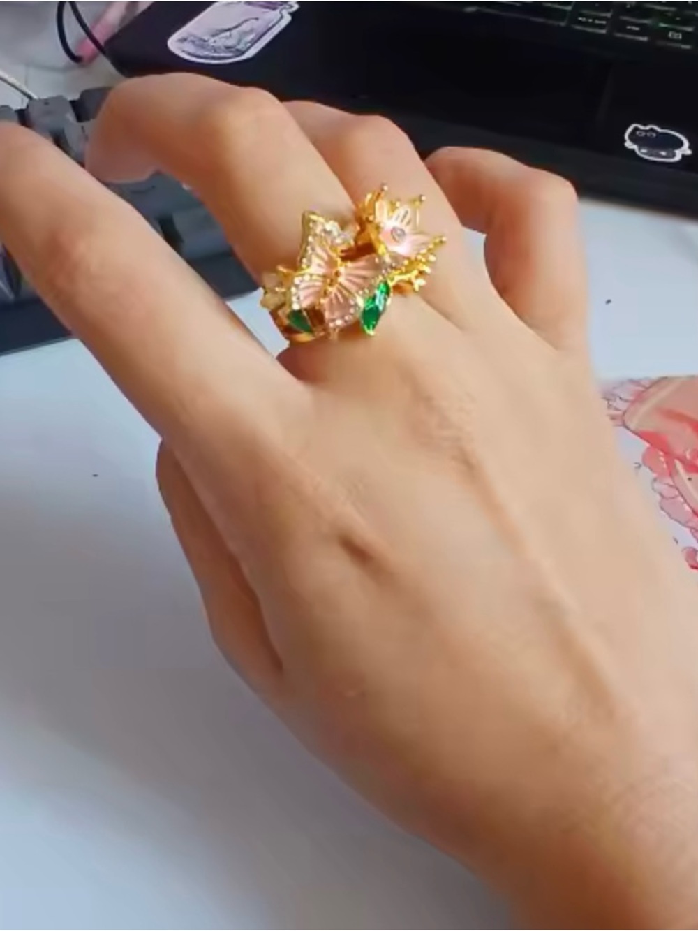 Anthropologie Gold Butterfly Ring with Pink Enamel and Green Crystals